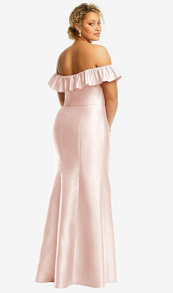 Back View - Blush Off-the-Shoulder Ruffle Neck Satin Trumpet Gown