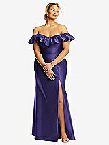 Front View Thumbnail - Grape Off-the-Shoulder Ruffle Neck Satin Trumpet Gown