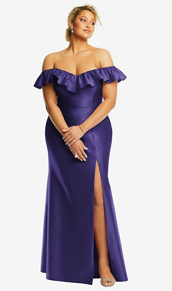 Front View - Grape Off-the-Shoulder Ruffle Neck Satin Trumpet Gown