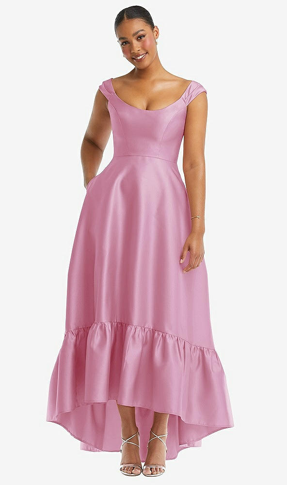 Front View - Powder Pink Cap Sleeve Deep Ruffle Hem Satin High Low Dress with Pockets
