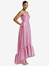 Side View Thumbnail - Powder Pink Cap Sleeve Deep Ruffle Hem Satin High Low Dress with Pockets