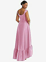 Rear View Thumbnail - Powder Pink Cap Sleeve Deep Ruffle Hem Satin High Low Dress with Pockets