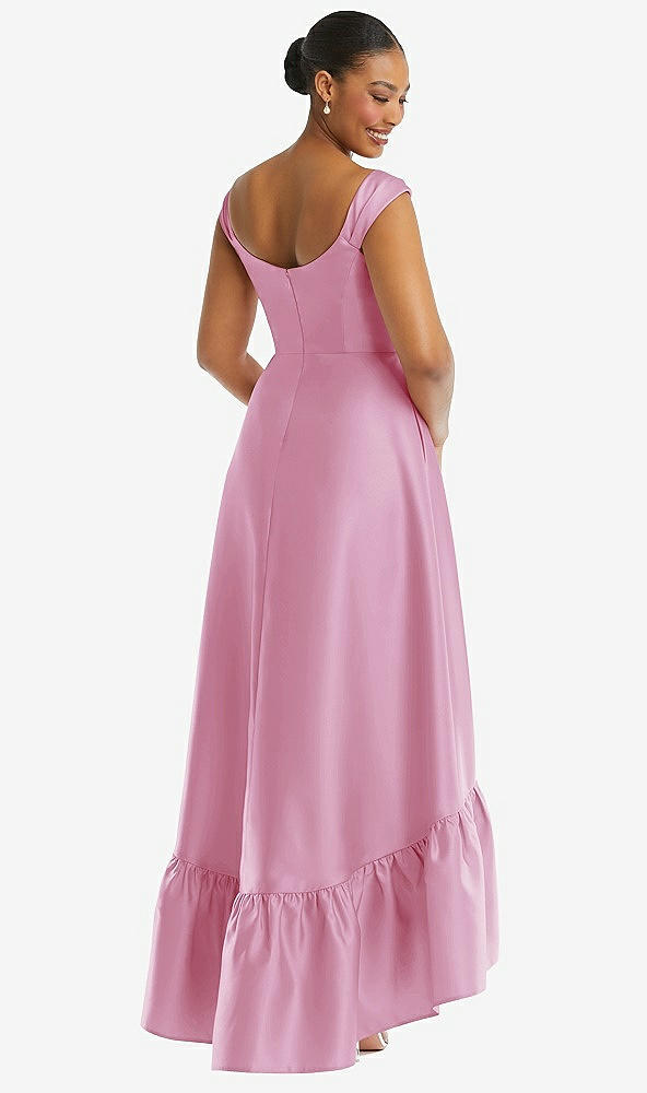 Back View - Powder Pink Cap Sleeve Deep Ruffle Hem Satin High Low Dress with Pockets