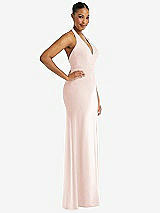 Side View Thumbnail - Blush Plunge Neck Halter Backless Trumpet Gown with Front Slit
