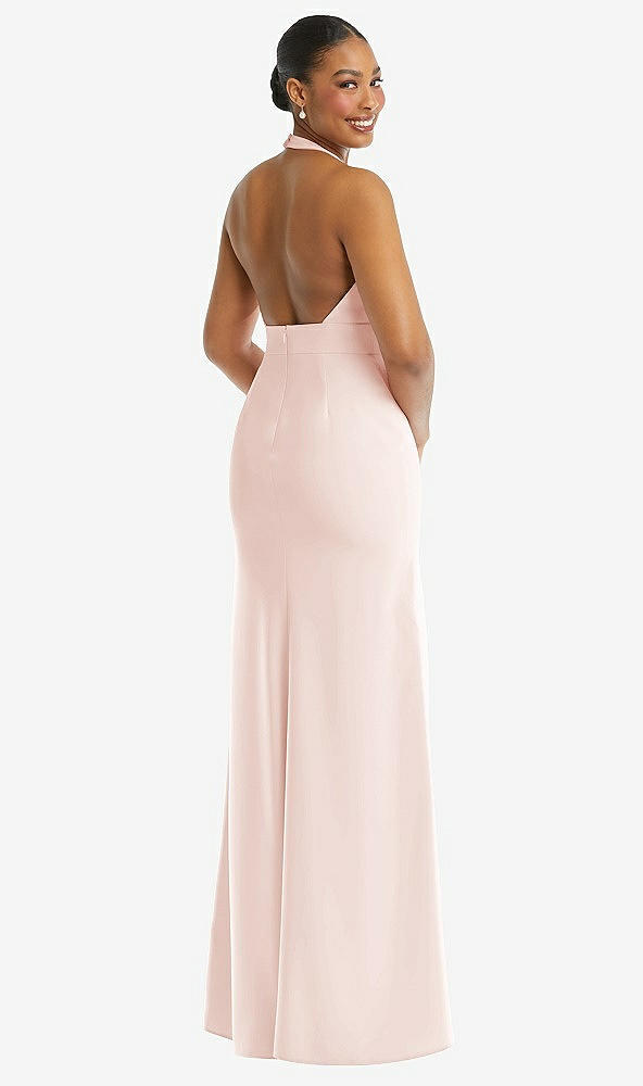 Back View - Blush Plunge Neck Halter Backless Trumpet Gown with Front Slit
