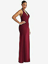 Side View Thumbnail - Burgundy Plunge Neck Halter Backless Trumpet Gown with Front Slit