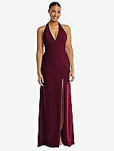 Front View Thumbnail - Cabernet Plunge Neck Halter Backless Trumpet Gown with Front Slit