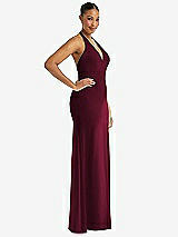Side View Thumbnail - Cabernet Plunge Neck Halter Backless Trumpet Gown with Front Slit