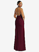 Rear View Thumbnail - Cabernet Plunge Neck Halter Backless Trumpet Gown with Front Slit