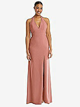 Front View Thumbnail - Desert Rose Plunge Neck Halter Backless Trumpet Gown with Front Slit