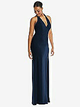 Alt View 1 Thumbnail - Midnight Navy Plunge Neck Halter Backless Trumpet Gown with Front Slit