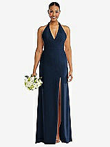 Alt View 2 Thumbnail - Midnight Navy Plunge Neck Halter Backless Trumpet Gown with Front Slit