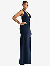 Side View Thumbnail - Midnight Navy Plunge Neck Halter Backless Trumpet Gown with Front Slit