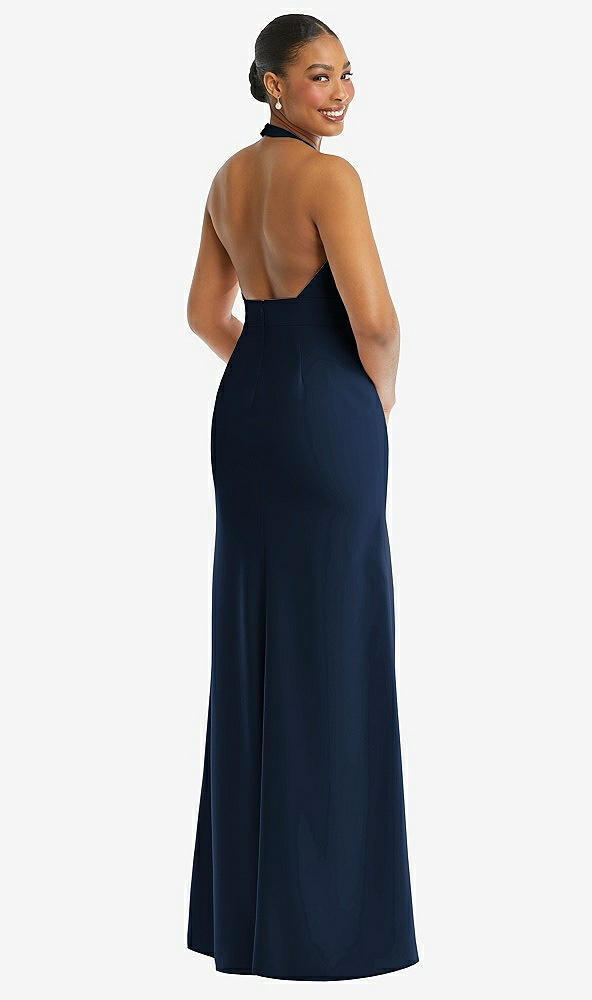 Back View - Midnight Navy Plunge Neck Halter Backless Trumpet Gown with Front Slit