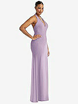 Side View Thumbnail - Pale Purple Plunge Neck Halter Backless Trumpet Gown with Front Slit