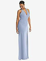 Alt View 1 Thumbnail - Sky Blue Plunge Neck Halter Backless Trumpet Gown with Front Slit