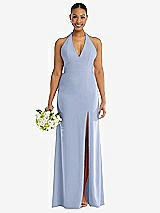 Alt View 2 Thumbnail - Sky Blue Plunge Neck Halter Backless Trumpet Gown with Front Slit