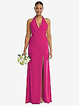 Alt View 2 Thumbnail - Think Pink Plunge Neck Halter Backless Trumpet Gown with Front Slit