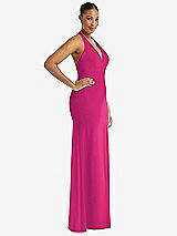 Side View Thumbnail - Think Pink Plunge Neck Halter Backless Trumpet Gown with Front Slit