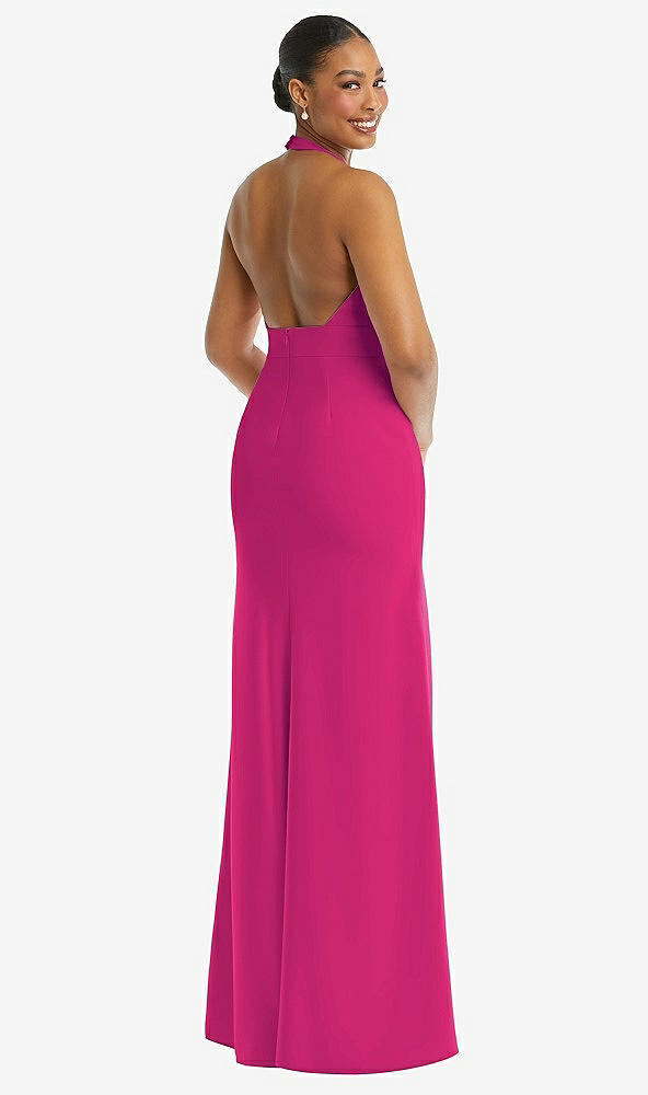 Back View - Think Pink Plunge Neck Halter Backless Trumpet Gown with Front Slit