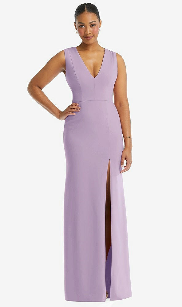 Front View - Pale Purple Deep V-Neck Closed Back Crepe Trumpet Gown with Front Slit