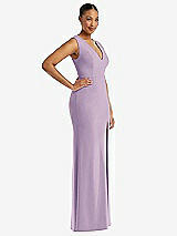 Side View Thumbnail - Pale Purple Deep V-Neck Closed Back Crepe Trumpet Gown with Front Slit