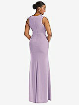 Rear View Thumbnail - Pale Purple Deep V-Neck Closed Back Crepe Trumpet Gown with Front Slit