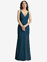 Front View Thumbnail - Atlantic Blue Skinny Strap Deep V-Neck Crepe Trumpet Gown with Front Slit