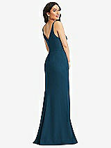 Rear View Thumbnail - Atlantic Blue Skinny Strap Deep V-Neck Crepe Trumpet Gown with Front Slit