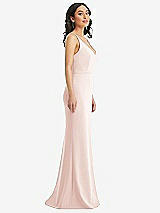 Side View Thumbnail - Blush Skinny Strap Deep V-Neck Crepe Trumpet Gown with Front Slit