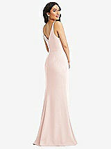 Rear View Thumbnail - Blush Skinny Strap Deep V-Neck Crepe Trumpet Gown with Front Slit