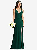 Alt View 1 Thumbnail - Hunter Green Skinny Strap Deep V-Neck Crepe Trumpet Gown with Front Slit
