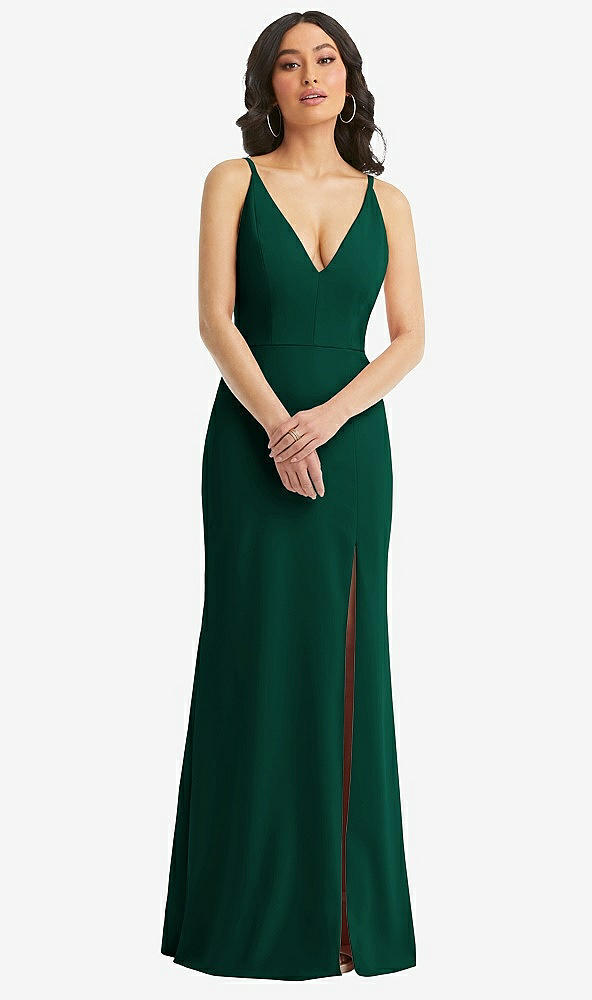 Front View - Hunter Green Skinny Strap Deep V-Neck Crepe Trumpet Gown with Front Slit