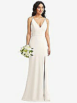 Alt View 1 Thumbnail - Ivory Skinny Strap Deep V-Neck Crepe Trumpet Gown with Front Slit