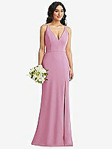 Alt View 1 Thumbnail - Powder Pink Skinny Strap Deep V-Neck Crepe Trumpet Gown with Front Slit