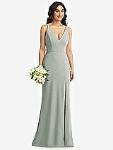 Alt View 1 Thumbnail - Willow Green Skinny Strap Deep V-Neck Crepe Trumpet Gown with Front Slit