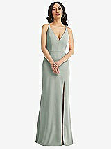 Front View Thumbnail - Willow Green Skinny Strap Deep V-Neck Crepe Trumpet Gown with Front Slit