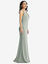 Side View Thumbnail - Willow Green Skinny Strap Deep V-Neck Crepe Trumpet Gown with Front Slit