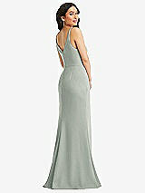 Rear View Thumbnail - Willow Green Skinny Strap Deep V-Neck Crepe Trumpet Gown with Front Slit
