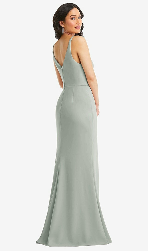 Back View - Willow Green Skinny Strap Deep V-Neck Crepe Trumpet Gown with Front Slit