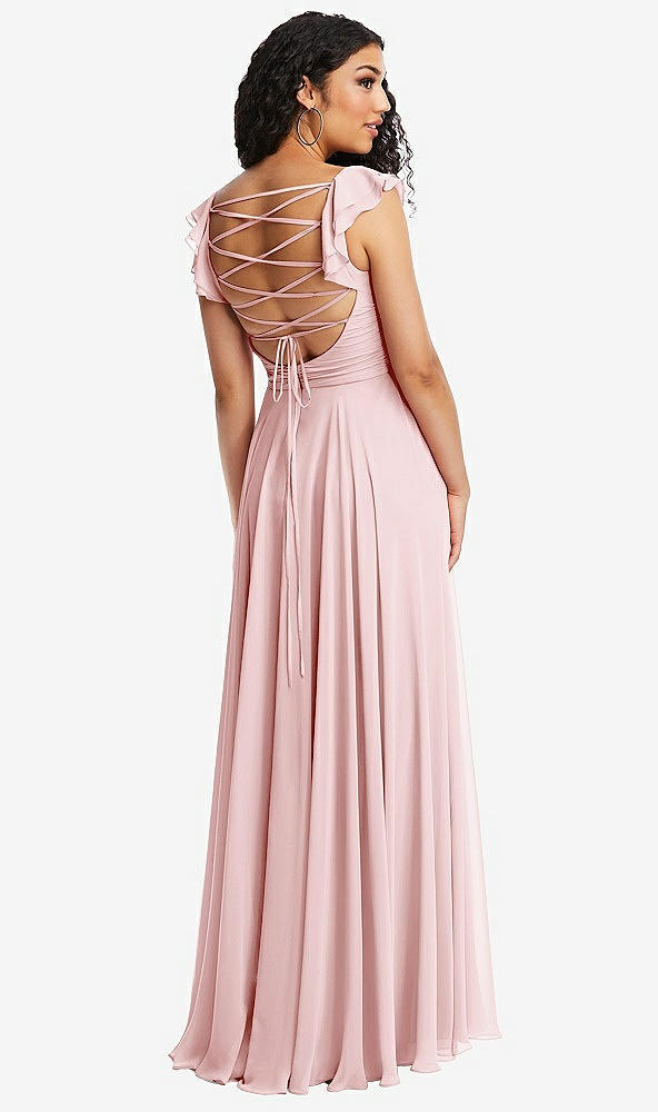 Front View - Ballet Pink Shirred Cross Bodice Lace Up Open-Back Maxi Dress with Flutter Sleeves