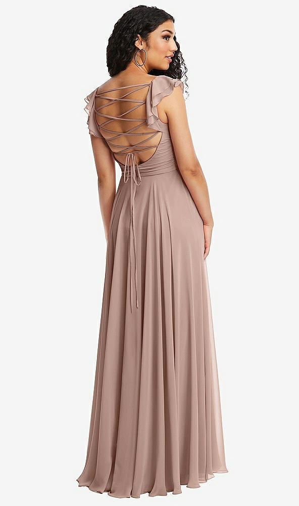 Front View - Neu Nude Shirred Cross Bodice Lace Up Open-Back Maxi Dress with Flutter Sleeves