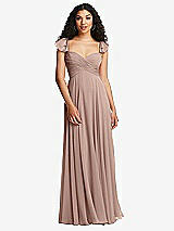 Rear View Thumbnail - Neu Nude Shirred Cross Bodice Lace Up Open-Back Maxi Dress with Flutter Sleeves