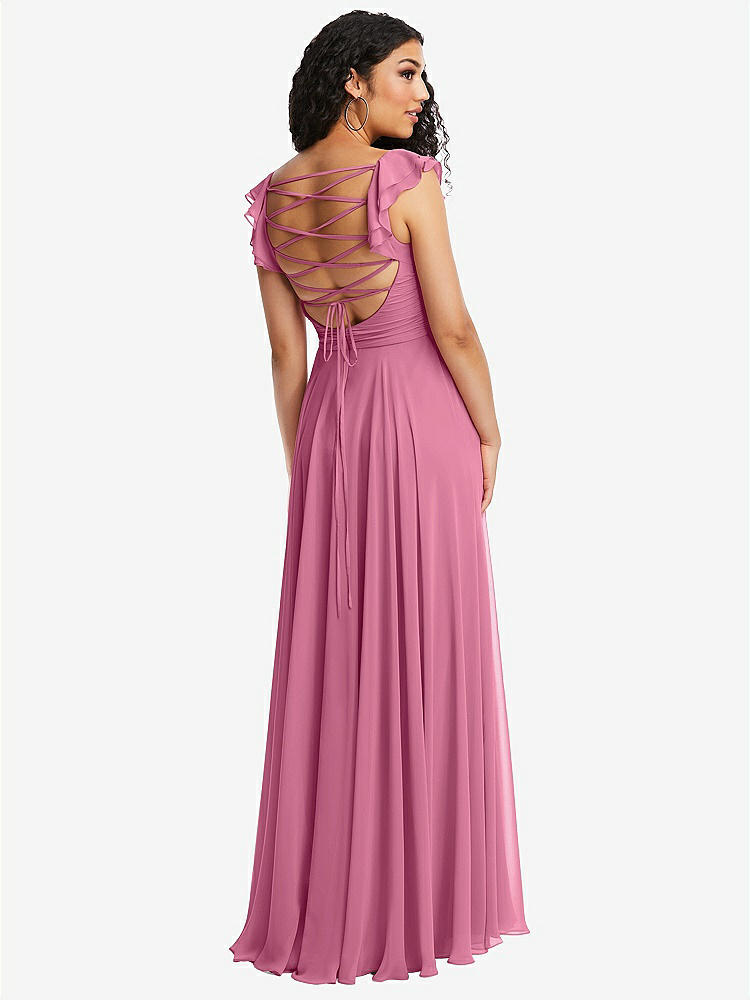 Shirred Stand Collar Flutter Sleeve Open-back Maxi
