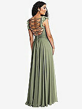 Front View Thumbnail - Sage Shirred Cross Bodice Lace Up Open-Back Maxi Dress with Flutter Sleeves