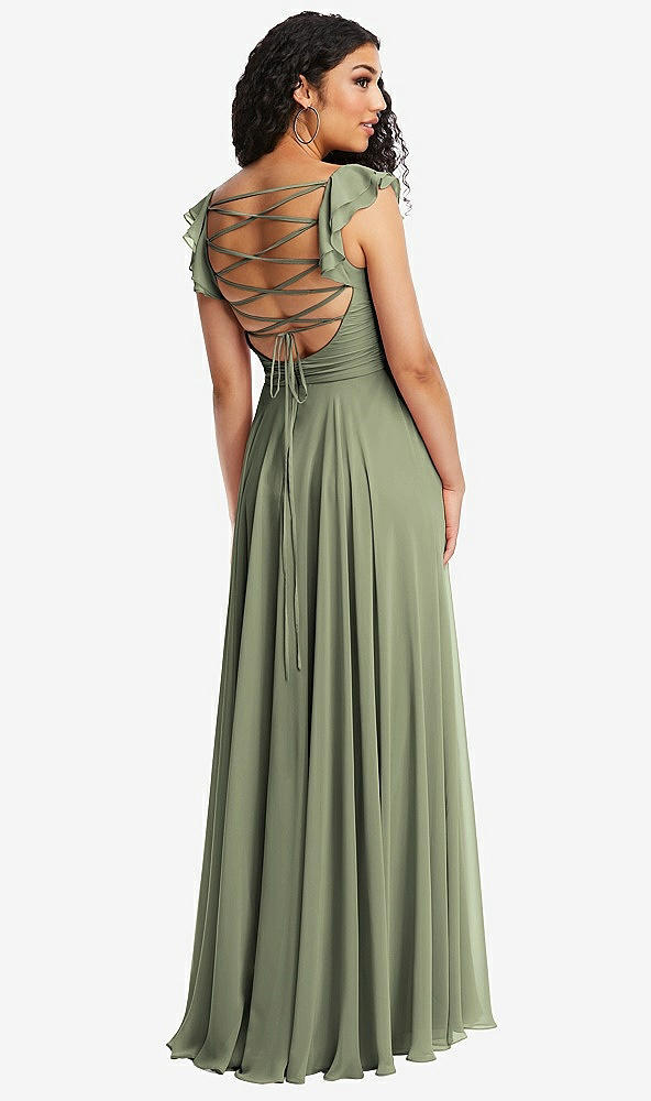 Front View - Sage Shirred Cross Bodice Lace Up Open-Back Maxi Dress with Flutter Sleeves