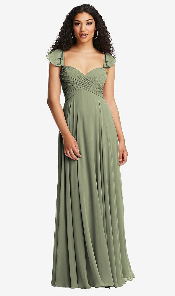 Back View - Sage Shirred Cross Bodice Lace Up Open-Back Maxi Dress with Flutter Sleeves