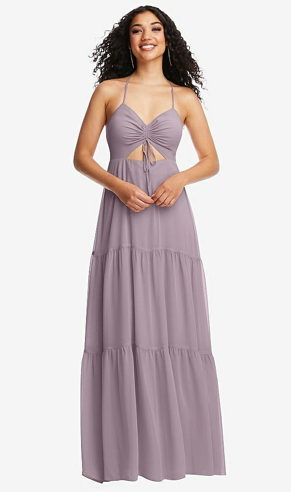 Front View - Lilac Dusk Drawstring Bodice Gathered Tie Open-Back Maxi Dress with Tiered Skirt