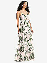 Alt View 1 Thumbnail - Palm Beach Print Drawstring Bodice Gathered Tie Open-Back Maxi Dress with Tiered Skirt