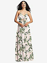 Front View Thumbnail - Palm Beach Print Drawstring Bodice Gathered Tie Open-Back Maxi Dress with Tiered Skirt